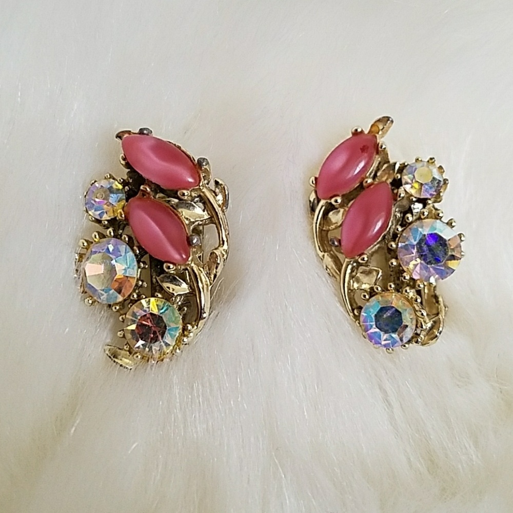 Vintage Pink Moonstone Glass Rhinestone Earrings